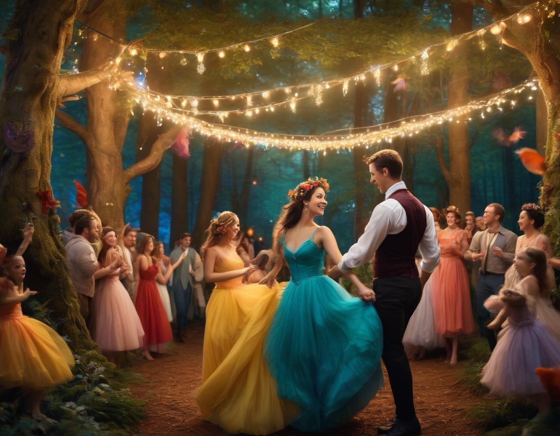 A whimsical gathering in a fantasy forest setting, featuring diverse couples engaging in joyful dance and laughter, colorful banners draping from trees, twinkling fairy lights, and an array of enchanting creatures observing curiously. The atmosphere radiates warmth, inclusion, and adventure, with people of various backgrounds and styles celebrating their unique identities. super-realistic. vibrant colors. magical ambiance.