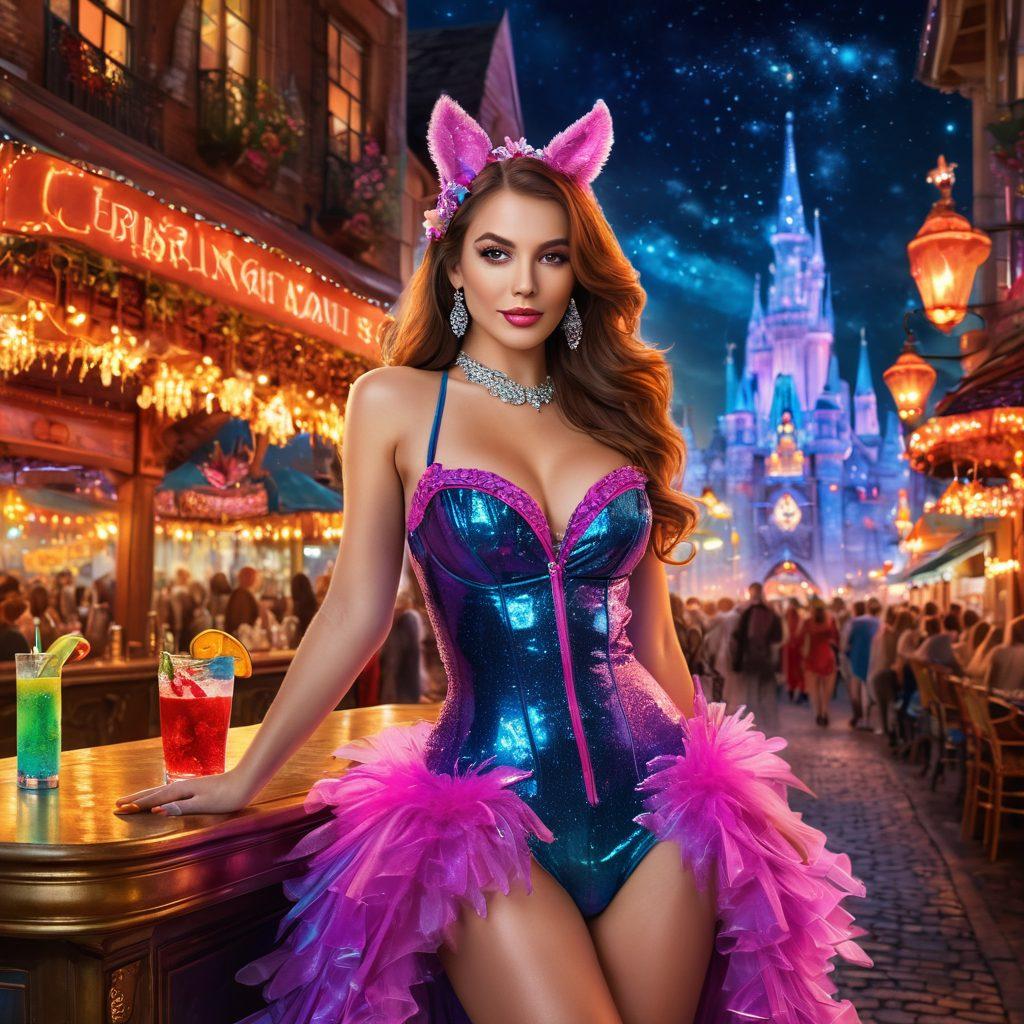 A whimsical and enchanting scene set in a vibrant fantasy world, featuring a glamorous adult entertainment performer adorned in colorful, extravagant costumes. The background showcases a magical city with shimmering lights, mysterious characters, and elements of allure like sparkling drinks and playful creatures. Include subtle hints of both fantasy and adult themes to capture the essence of the lifestyle. bright colors. painterly style. enchanting atmosphere.